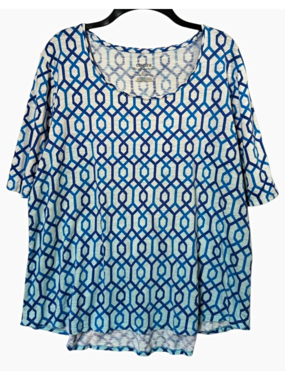 Chico's The Ultimate Tee Women's XL Blue White Geometric Knit Cotton Modal Top